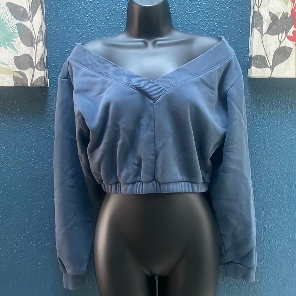 Small Navy Blue Reebok Cropped Off-The-Shoulder Sweater